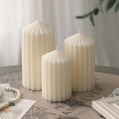 3 Pack White Ribbed Pillar Candles - Soy Wax Unscented, 2.76" x4.2/4.9/5.9 in Smokeless Non Toxic Cotton Wick, Aesthetic Modern Candles for Home Decor, Dinner Table, Living Room, Housewarming Gift