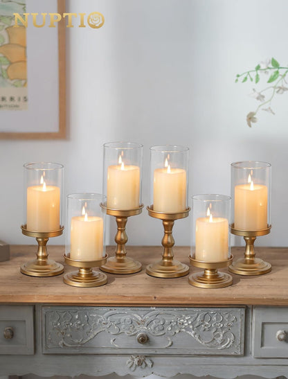 NUPTIO Hurricane Glass Candle Holders: Pillar Candle Stand with Open Ended Chimney - Set of 3 Gold Metal Candleholder for Fireplace Dining Table Centerpiece