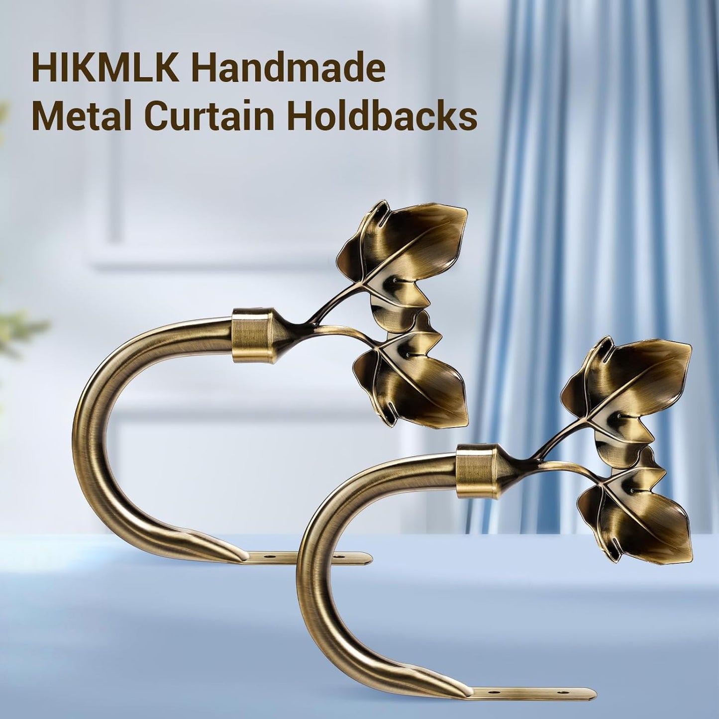 HIKMLK Leaf Shaped Curtain Tieback Holdbacks 2pcs, Handmade Metal Curtain Side Holders for Wall, Curtain Hook Pull Backs for Drapes Window Decoration