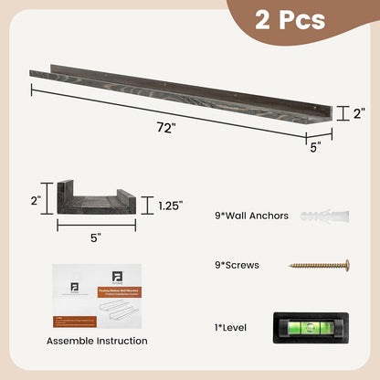 FLYJOE Picture Ledge Shelf, Floating Shelves Set of 2, Solid Pine Wood 55'' Long Large Nursery Book Shelves for Toys Storage, Kids Bookshelf for Living Room Bedroom Decor Books Photo Frames, Walnut