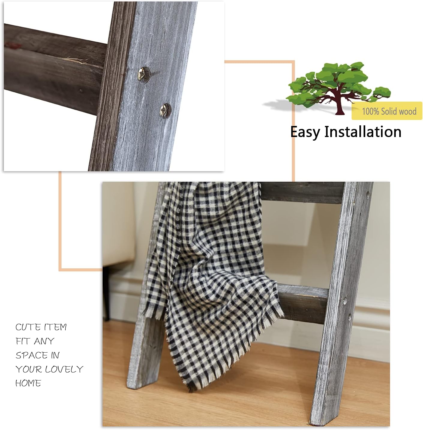 FUIN 5ft (58") Wood Blanket Ladder Living Room Decorative Wall Leaning Farmhouse Quilt Display Holder Storage Rustic Wooden Towel Rack for Bathroom, Brown