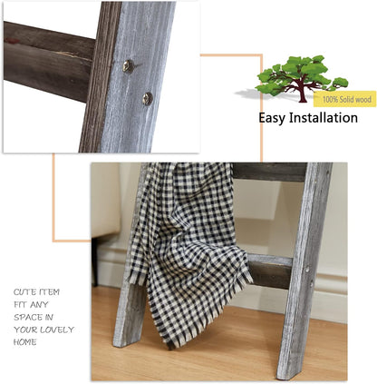FUIN 5ft (58") Wood Blanket Ladder Living Room Decorative Wall Leaning Farmhouse Quilt Display Holder Storage Rustic Wooden Towel Rack for Bathroom, Brown