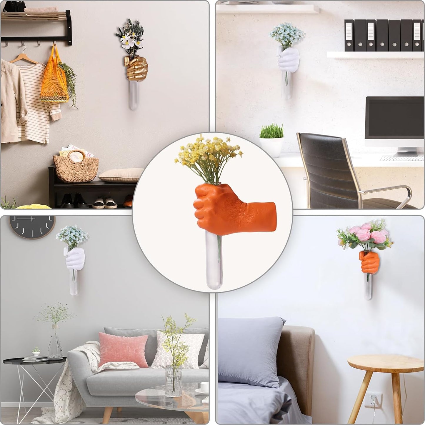 Gold Wall Sculptures, Hand Vases Home Decor, Wall Mount Art Sculpture, Unique Wall Art Statue, Funky Flower Vase Decorations, Modern Eclectic Hanging Decor,Glass Test Tube Vase