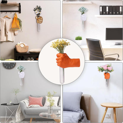 Gold Wall Sculptures, Hand Vases Home Decor, Wall Mount Art Sculpture, Unique Wall Art Statue, Funky Flower Vase Decorations, Modern Eclectic Hanging Decor,Glass Test Tube Vase