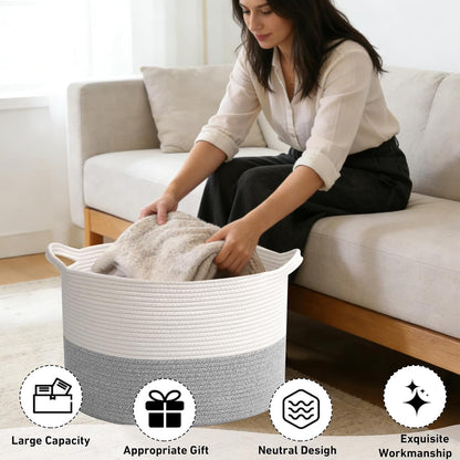 Large Woven Blanket Basket,65L Cotton Rope Laundry Basket Hamper with Handles, Decorative Nursery Basket Storage Bin for Toys, Clothes Organizer, Living Room, Bedroom, Bathroom, White & Brown