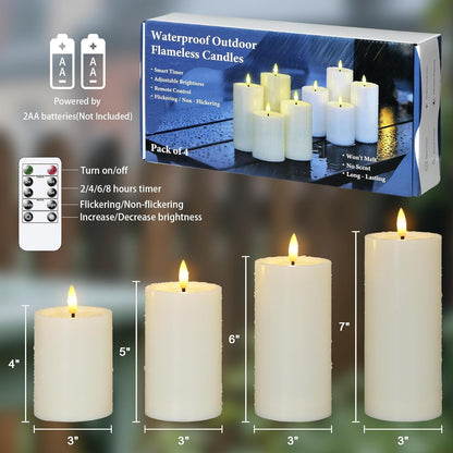 Yeelida Outdoor 4pcs Flameless Waterproof Candles with Handy Remote Control, Cycle Timer Battery Operated Candle Grease Effect LED Flickering Pillar Plastic Long Lasting (Ivory, 3" x4" 5" 6" 7")