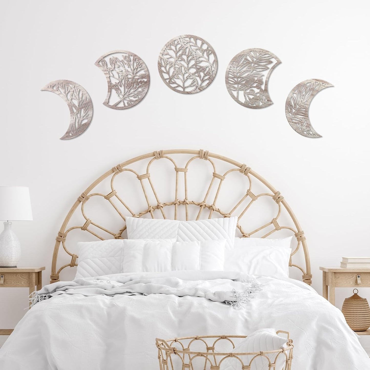 Jetec 5 Pcs Moon Phase Wall Art Decor Wall Pediments Hanging Wooden Phase Spiritual Bedroom Nordic Boho Lunar Aesthetic Art for Living Room Dorm Apartment Ornament(Brown,10.6 Inch,Botanical)