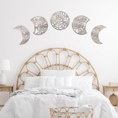 Jetec 5 Pcs Moon Phase Wall Art Decor Wall Pediments Hanging Wooden Phase Spiritual Bedroom Nordic Boho Lunar Aesthetic Art for Living Room Dorm Apartment Ornament(Brown,10.6 Inch,Botanical)