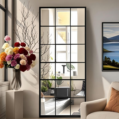 Dewfig 65"x 22" Arched Window pane Full Length Mirror, Wall Mirror, Floor Standing Mirrors, Farmhouse Long Full Body Mirrors Wall Mounted for Living Room, Bedroom, Entryway, Fireplace, Black