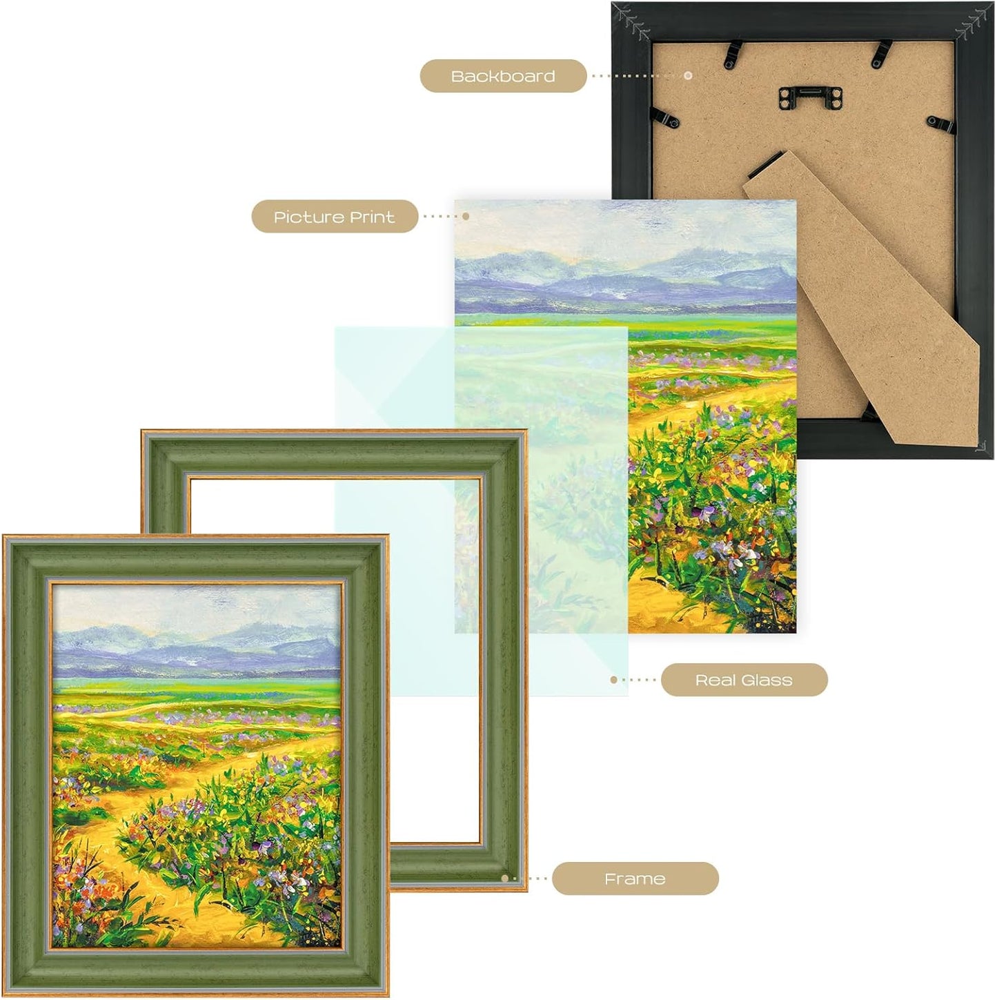 Golden State Art, 11x14 Photo Frame with Mat for Pictures 8x10 and Real Glass (Dark Gold Brown & Bronze Pewter Panel with White Color Mat, 1.25 Inch Frame Border)
