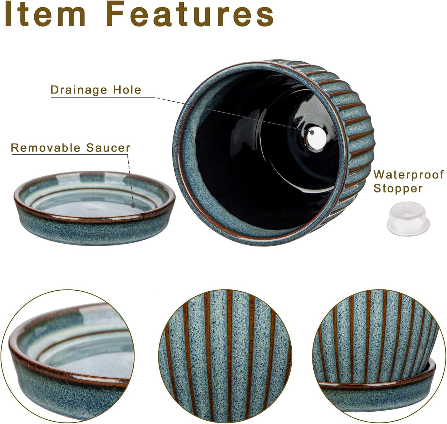 Oairse Ceramic Pots for Indoor Plants, 4.9 +5.7 inch Set of 2 Brown Plant Pots with Drainage Holes and Saucers Texture Ceramic Planters Indoor Outdoor Flower Planters for Succulent