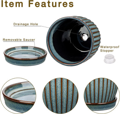 Oairse Ceramic Pots for Indoor Plants, 4.9 +5.7 inch Set of 2 Brown Plant Pots with Drainage Holes and Saucers Texture Ceramic Planters Indoor Outdoor Flower Planters for Succulent