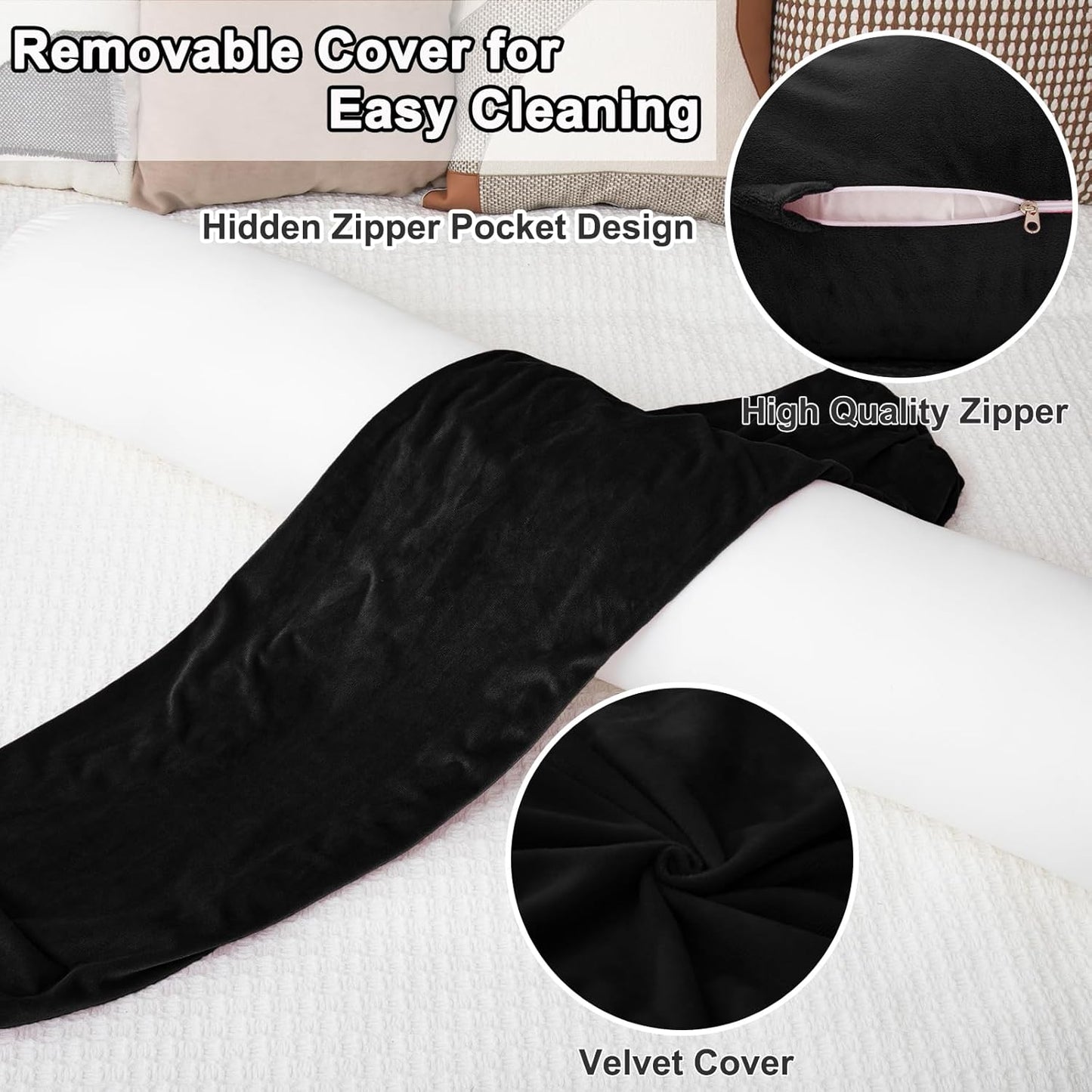1 MIDDLE ONE Body Pillow for Adults, Bolster Pillow with Removable Velvet Cover, Long Round Cervical Roll Pillow, 47 x 7.87 Inches, Grey