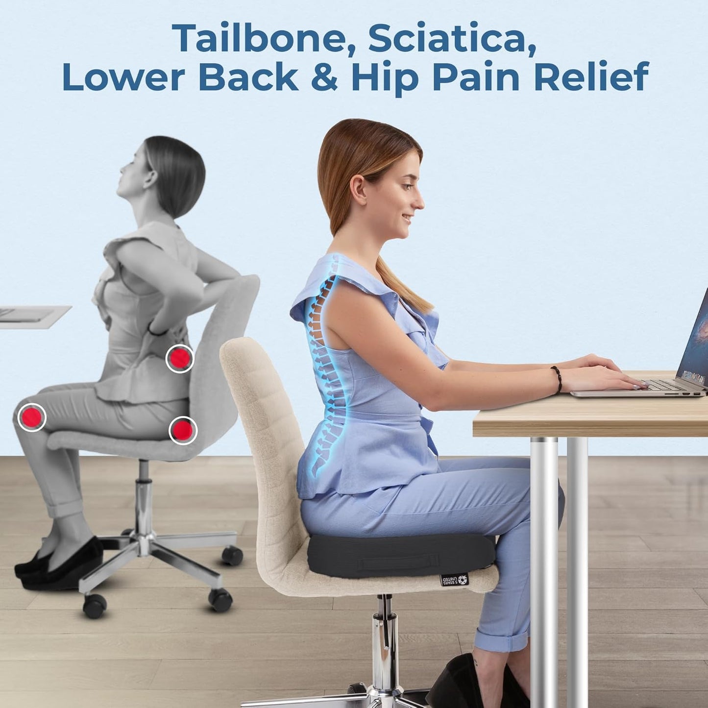 5 STARS UNITED Seat Cushion - Memory Foam Chair Cushion for Tailbone Pain Relief - Ergonomic Support for Coccyx, Sciatica & Butt - Office, Desk & Gaming Chair, Car Seat, Wheelchair, Airplane, Black