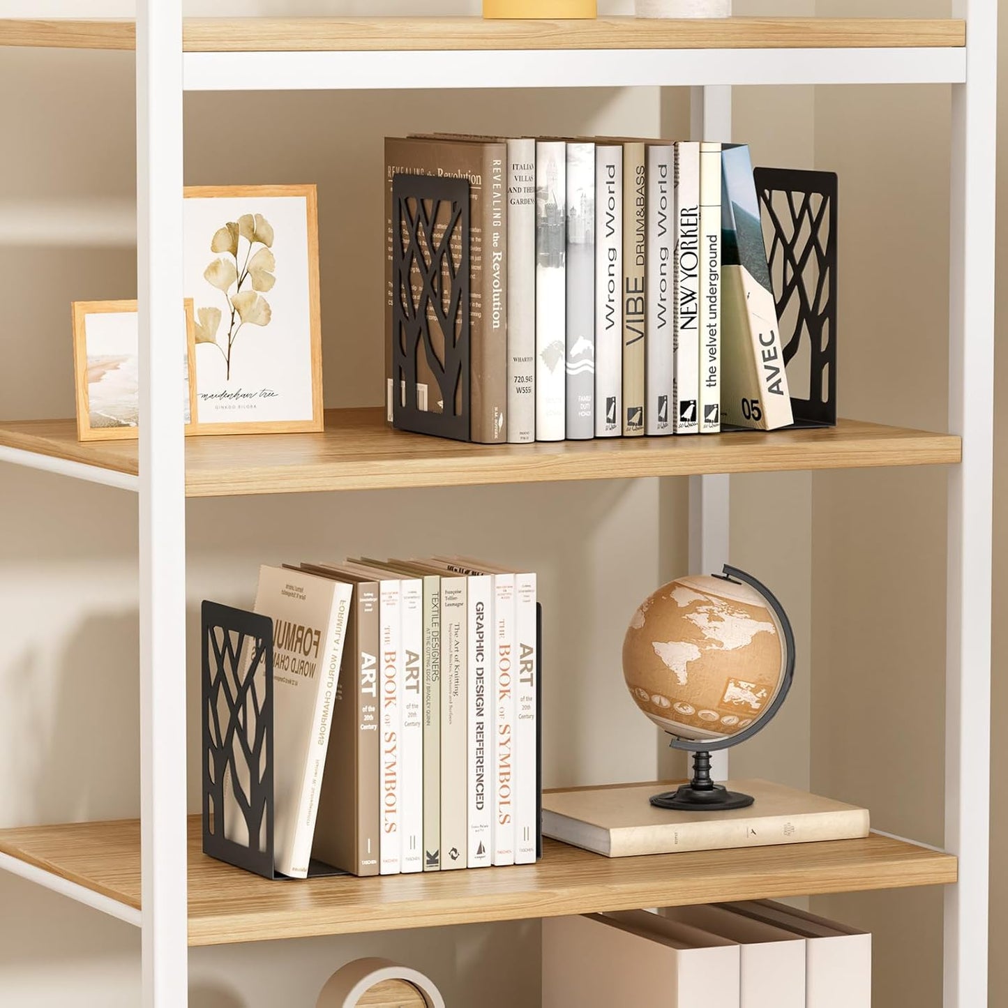 MaxGear Book Ends Tree Design Modern Bookends for Shelves, Non-Skid Bookend, Heavy Duty Metal Book Stopper for Books/DVDs, Decorative CD Holder & Video Game Organizer, 7 x 4.7 x 3.5”, Black