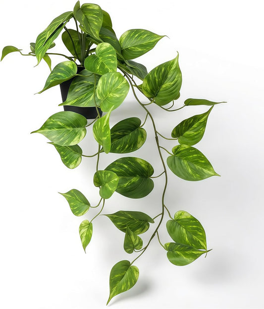 Artificial Pothos Hanging Plants 2 Pack with Pots, Realistic Fake Hanging Plants Indoor, Faux Greenery Vines for Shelf, Bathroom, Living Room, Office Decor