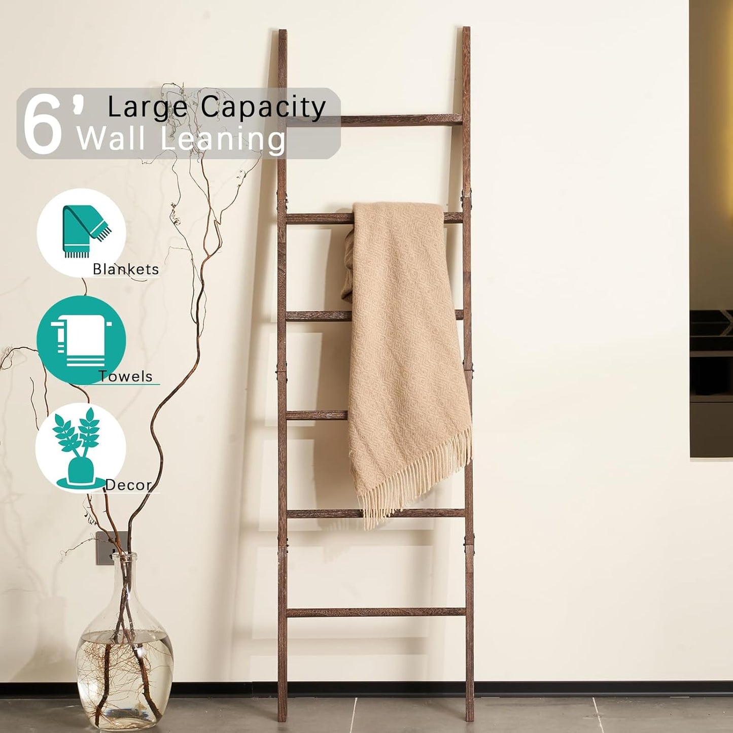 Blanket Ladder for the Living Room 6-Tier, Wooden Decorative Quilt Holder for Bed room, Wall-Leaning Towel Rack for Bathroom，Rustic Farmhouse Ladders for Display. (Dark Brown)