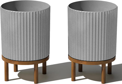 Veradek Demi Series Round Planter w/ Stand for Porch/Patio | Durable Plastic-Concrete & Wooden Stand | Modern Décor for Tall Plants, Flowers