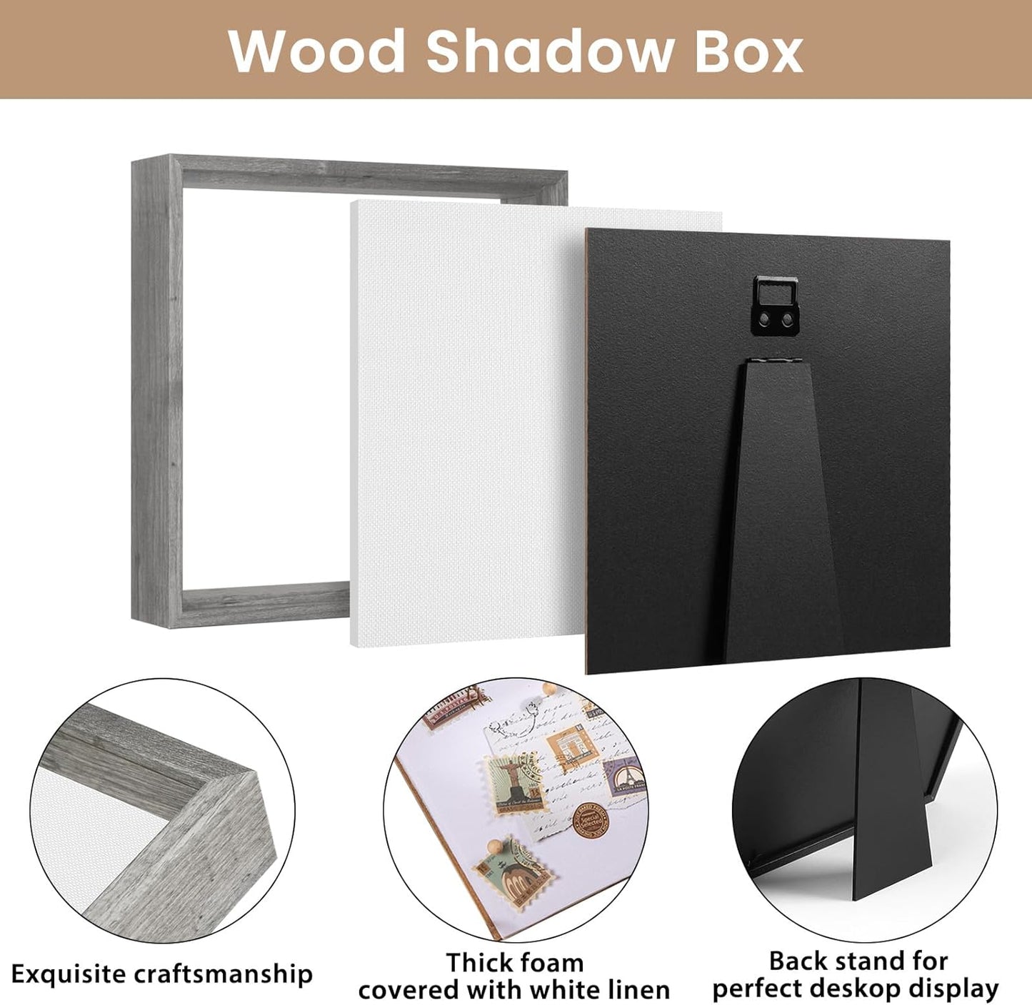 Califortree 8x8 Shadow Box Frame with Soft Linen Back - Push Pins Included, Memory Box Display Case for Flower, Tickets and 3D Items, Black