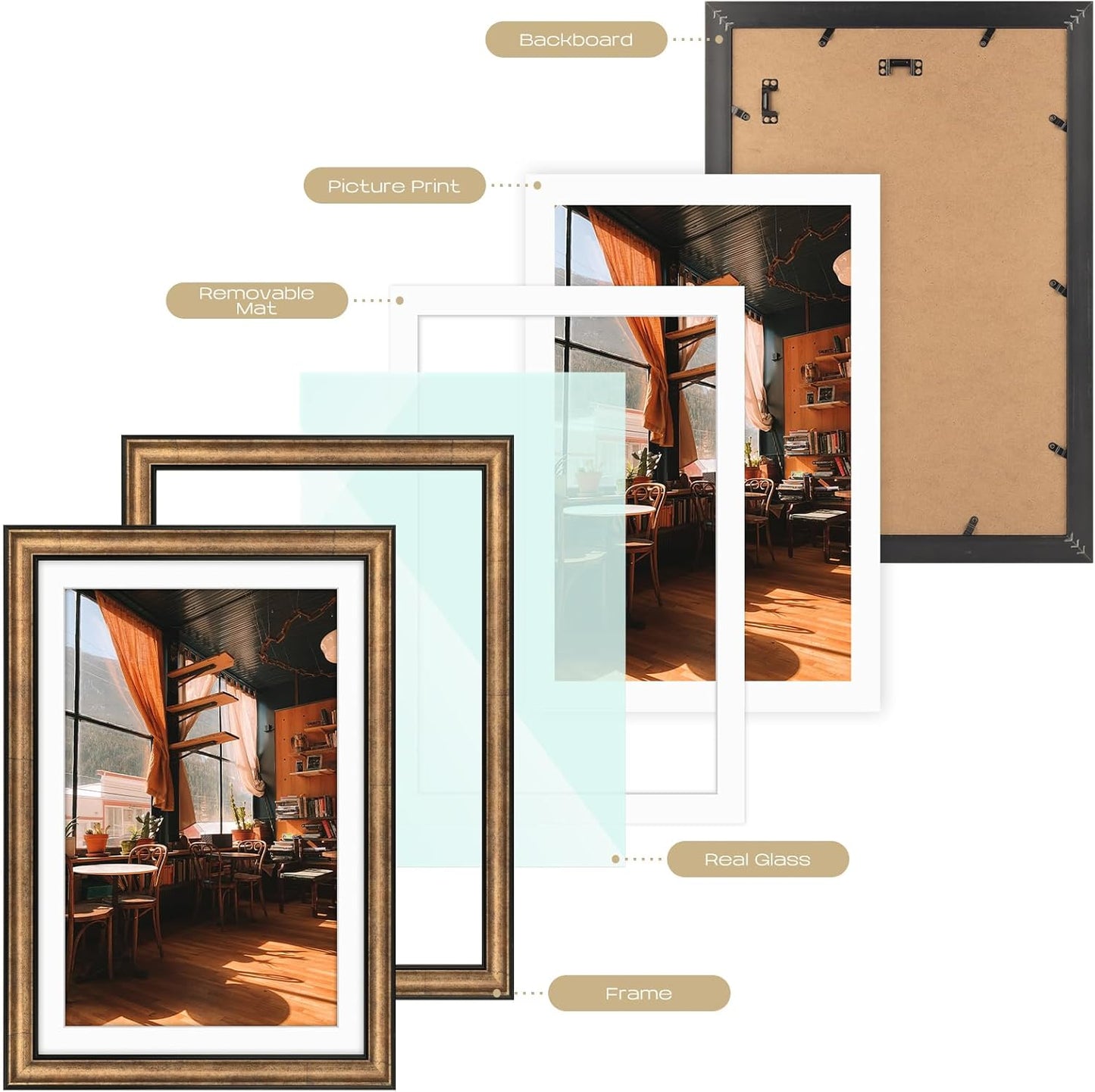 Golden State Art, 11x14 Photo Frame with Mat for Pictures 8x10 and Real Glass (Dark Gold Brown & Bronze Pewter Panel with White Color Mat, 1.25 Inch Frame Border)