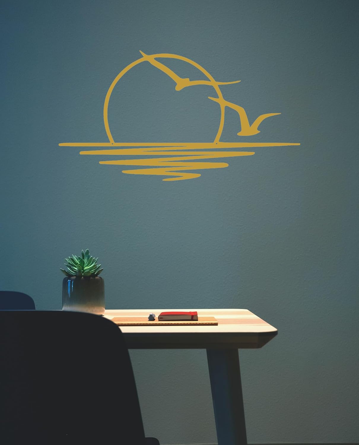 Benziso Sun Metal Wall Art Abstract Sunset with Seagulls Metal Wall Decor Minimalist Sunrise Line Art for Living Room Kitchen Bathroom Indoor Outdoor