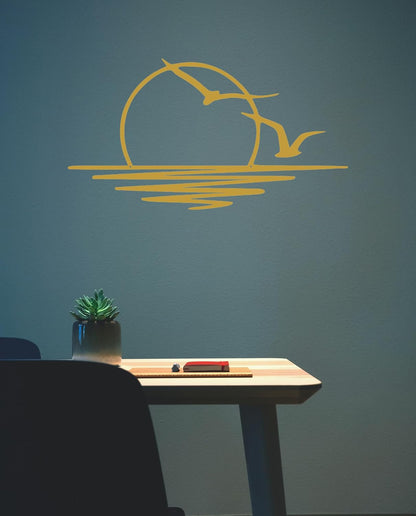Benziso Sun Metal Wall Art Abstract Sunset with Seagulls Metal Wall Decor Minimalist Sunrise Line Art for Living Room Kitchen Bathroom Indoor Outdoor
