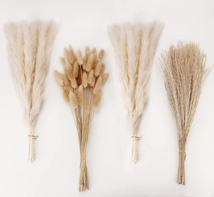 65PCS Pampas Grass Decor, Including pompas Floral, Reed Dried Grass and Bunny Tails Dried Flowers, Natural Dried Pampas Grass Bouquet for Boho Decor Wedding, Home Decoration
