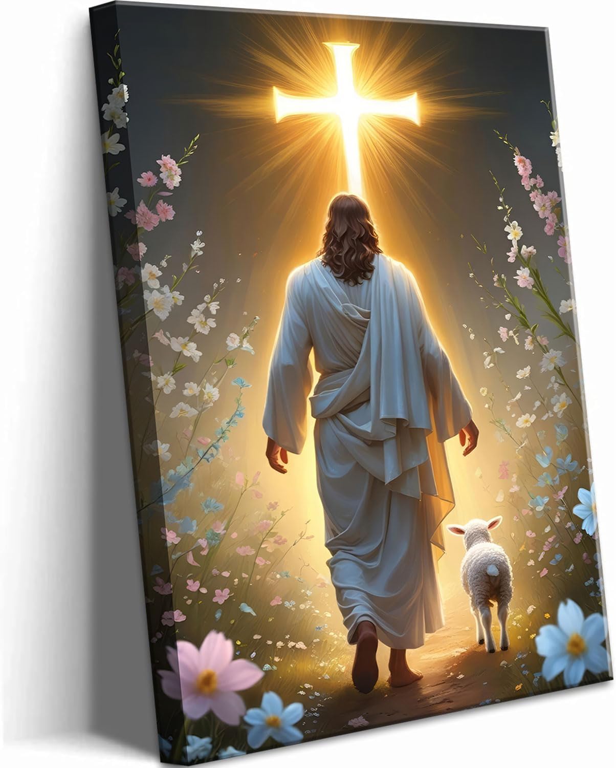 Abstract Jesus Walking on Water Canvas Wall Art Christian Spiritual Wall Decor Pictures Divine Light Modern Religious Posters Prints for Living Room Bedroom Church Decoration 12x16in