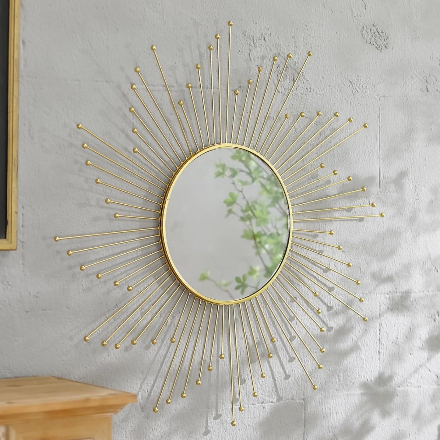 Large Gold Sunburst Mirror - 31" Starburst Wall Mirror with 12" Round Glass, Mid-Century Modern Elegant Gold Sun Mirrors for Living Room, Bedroom, Entryway Decor