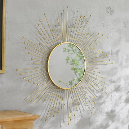 Large Gold Sunburst Mirror - 31" Starburst Wall Mirror with 12" Round Glass, Mid-Century Modern Elegant Gold Sun Mirrors for Living Room, Bedroom, Entryway Decor