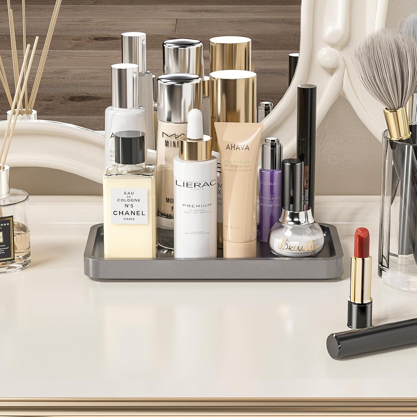 Bathroom Vanity Tray for Countertop - Bamboo Organizer Tray for Dresser Tops, Toilet, Perfume Small Decorative Tray Wood Tray for Home Decoration 11.81” L x 6.1” W x 0.79” H Black