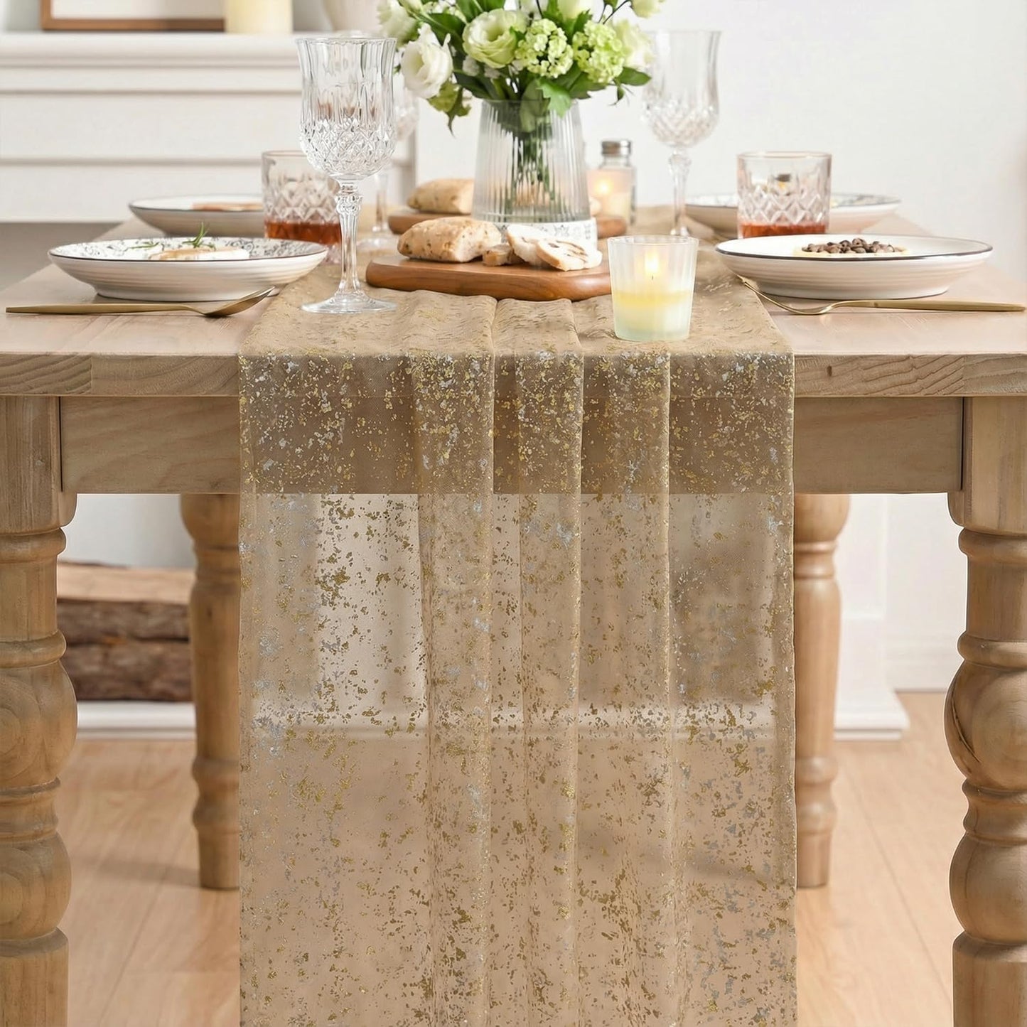 Artoid Mode Beige Gold Gauze Table Runner 120 Inch 10FT, Glitter Metallic Foil Sheer Dining Wedding Anniversary Holiday Birthday Table Decor for Home Party