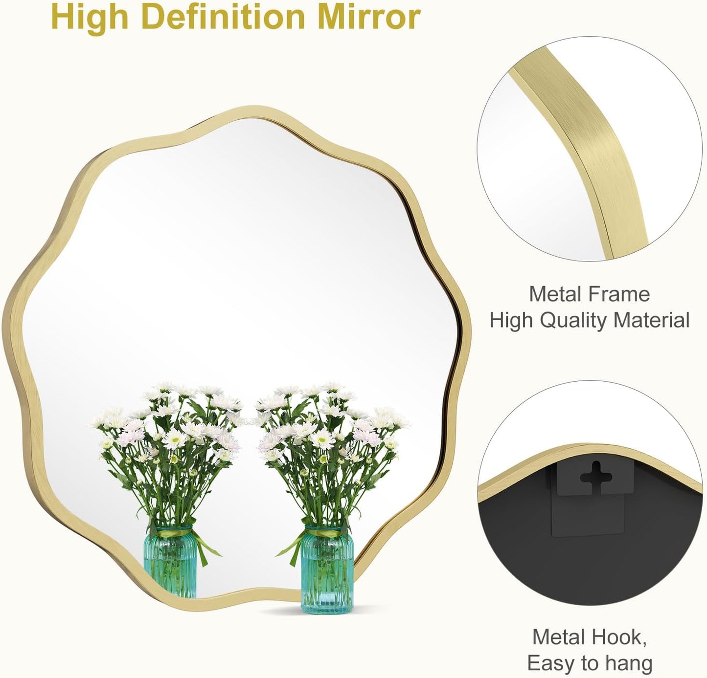 WallBeyond Round Wavy Mirror for Wall Decorative 24 inch, Modern Round Mirror Aluminum Frame for Bathroom Bedroom Living Room Home House Office Entryway, Gold