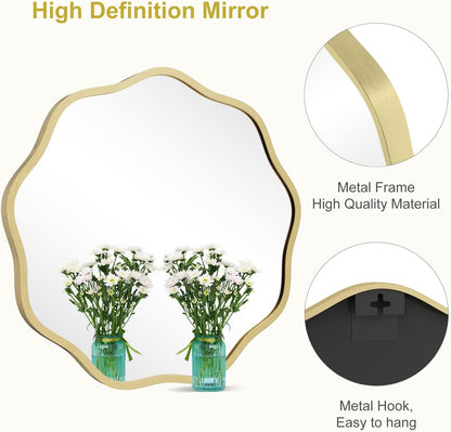 WallBeyond Round Wavy Mirror for Wall Decorative 24 inch, Modern Round Mirror Aluminum Frame for Bathroom Bedroom Living Room Home House Office Entryway, Gold