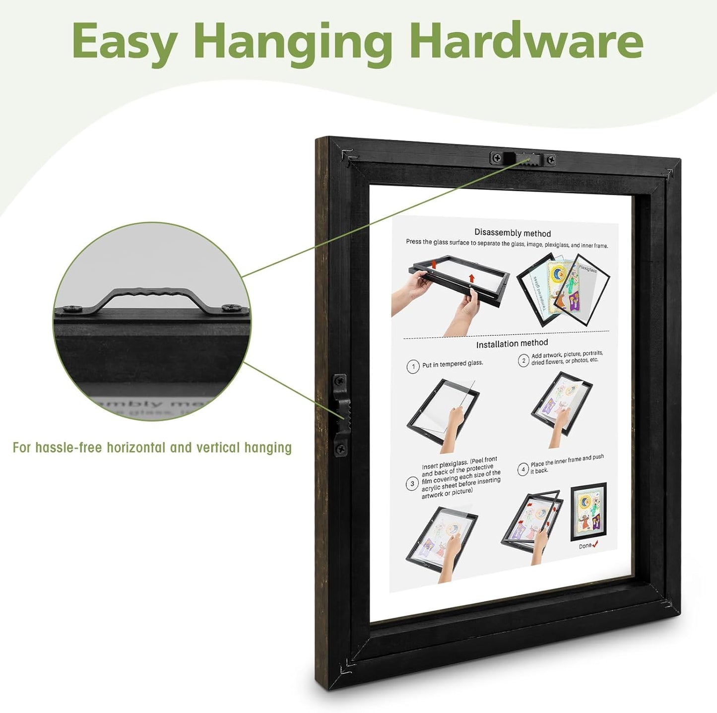 Golden State Art, 11X14 Floating Picture Frame, Black Wood Frame Display Any Size Photo Up To 11X14, Pressed Flower Frames with Hanging Hardware - Horizontal And Vertical Formats for Wall