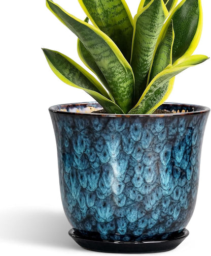 Ceramic Plant Pots - 12 Inch Pots for Plants Indoor Outdoor, Large Round Planter with Drainage Hole and Saucer, Modern Decorative Flower Pot, Home Garden Decor, House Warming Gifts, Blue