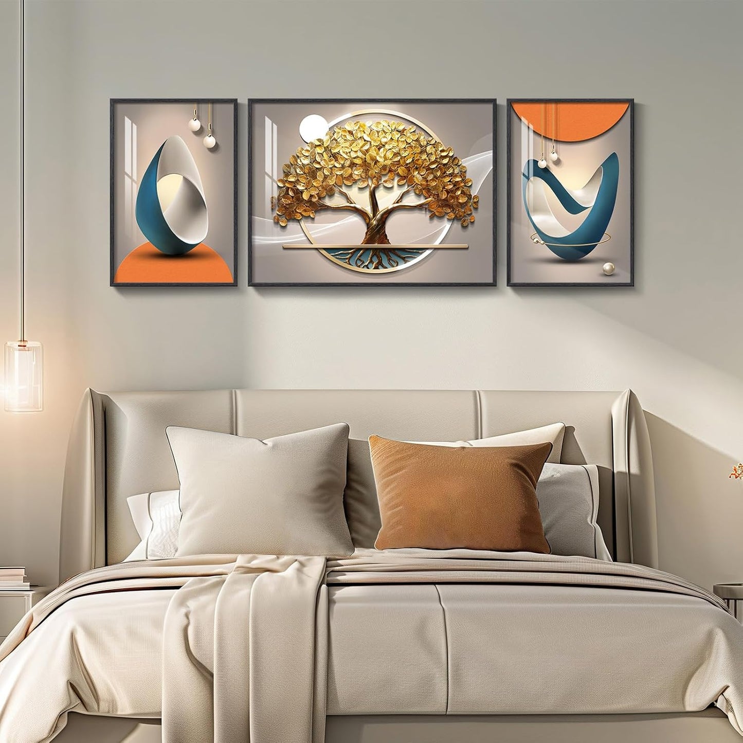 Framed Modern Luxury Gold Wall Art, Set of 3 Piece Contemporary Paintings Artwork for Walls, Golden Prints Pictures with Gold Frame, Wall Decor for Living Room, Hallway, Bedroom, Office 16x24 Inch