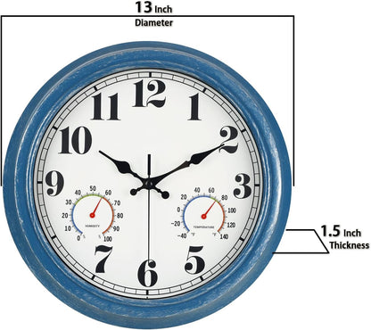 JENLYSTIME 12 Inch Indoor/Outdoor Retro Waterproof Wall Clock with Thermometer Silent Round Quartz Battery Operated Easy to Read Decorative for Kitchen Patio,Bathroom,Deck,Porch,Pool(Blue)
