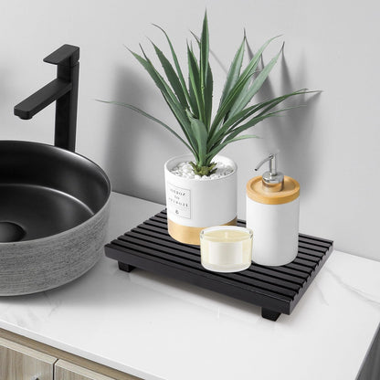 Renawe Farmhouse Bathroom Counter Tray Wood Display Pedesta Stand Kitchen Countertop Trays Decorative Wooden Riser Dish Soap Dispenser Holder for Bathroom Sink Accessories Kitchen Decor Vanity Tray