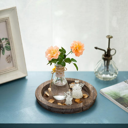 Hanobe Candle Plate Holder Tray: Round Wood Decorative Candle Plate - Rustic Farmhouse CoffeeTable Decor - Tealight Pillar Trays for Home Decor (Distressed)