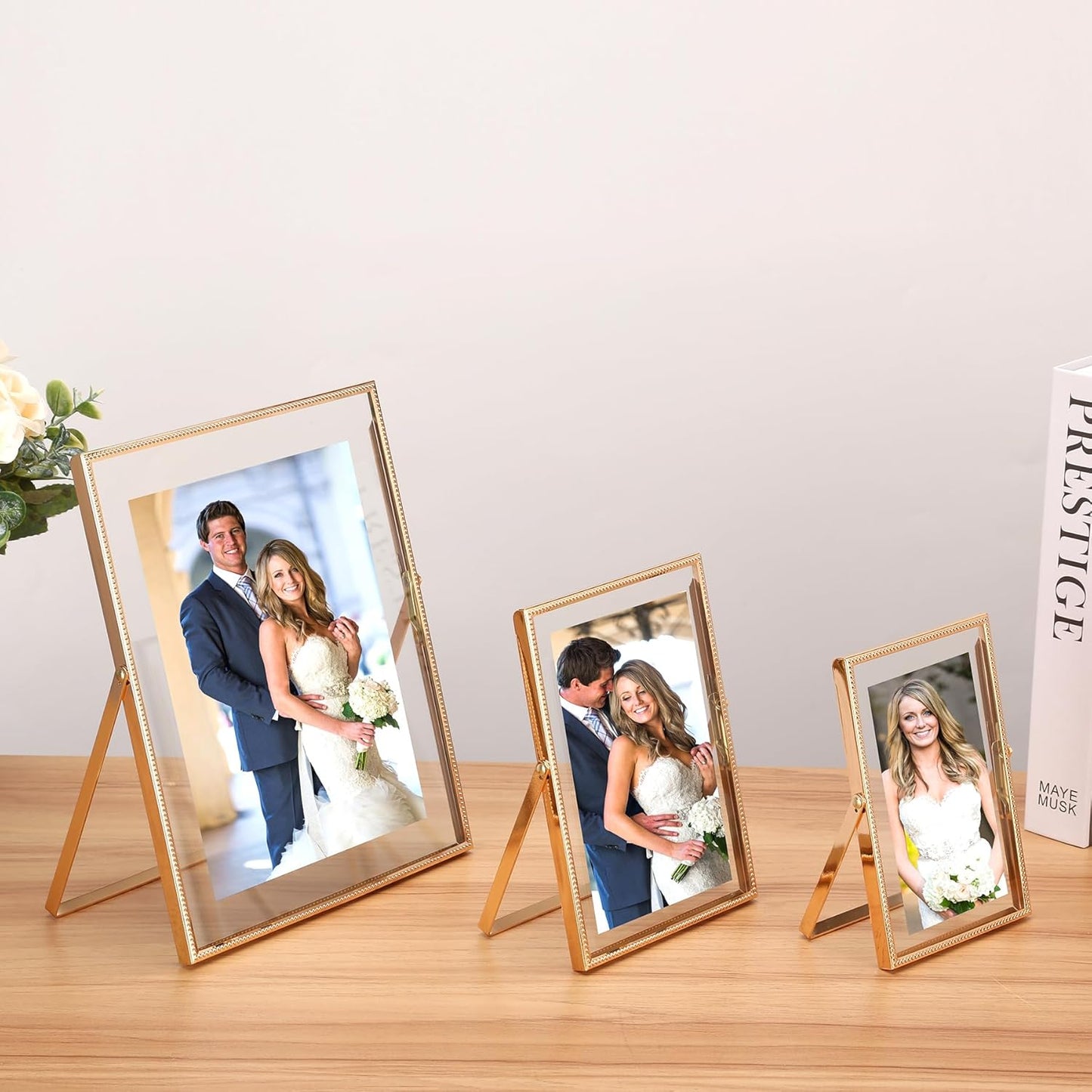 Gold 6x8'' Floating Photo Frame 2 Pack, Beaded Metal Frame Fits 3.5x5'', 4x6'' & 5x7'' Pictures, Adjustable Tabletop & Shelf Display, Elegant Wedding Gift for Home Decor