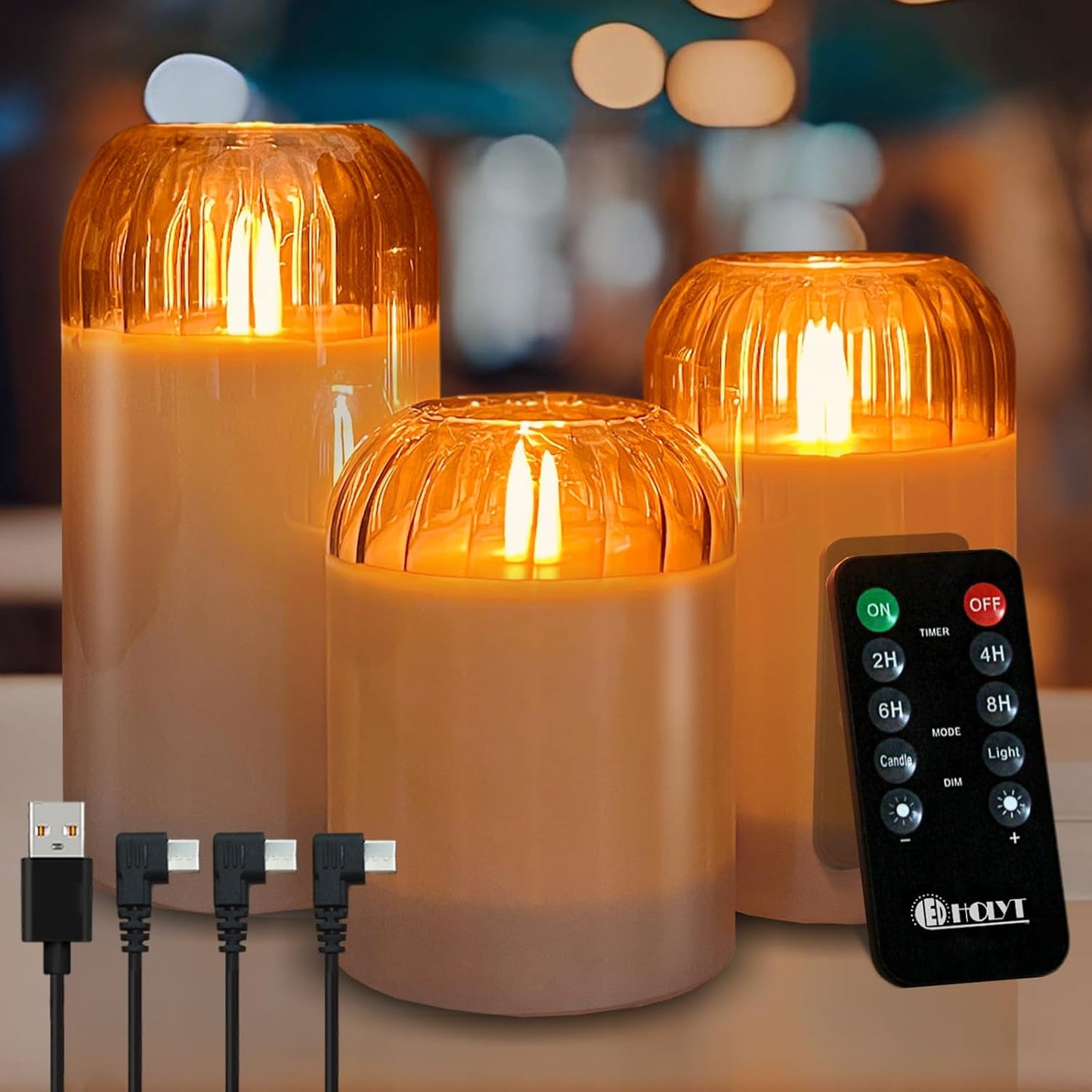 Rechargeable Flameless Glass Pillar Candles–Gifts for Women,–Set of 3, Realistic Flickering LED Light,Remote & Timer, Ideal for Living Room, Bedroom & Festival Wedding Home Party Decor