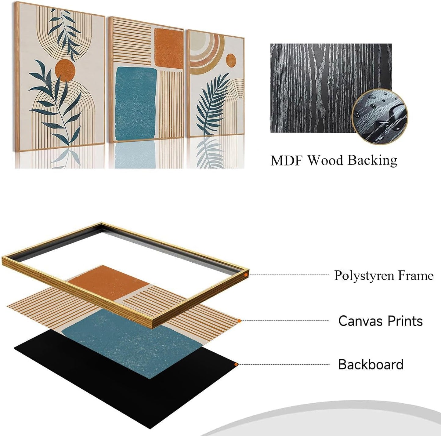 Bwodke Boho Wall Art, Framed Abstract Wall Art, Green Botanical Neutral Canvas Wall Decor, Large Mid Century Plant Pictures Set of 3, Modern Minimalist Paintings, for Bedroom Living Room Bathroom