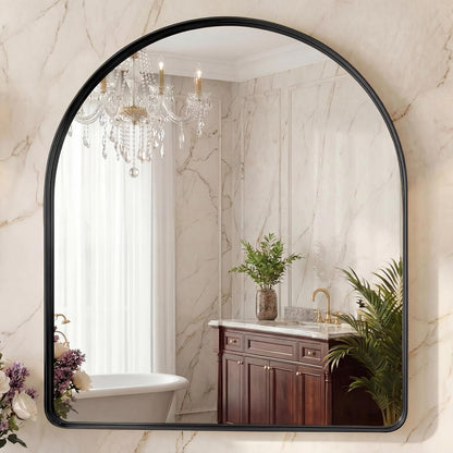 OLIXIS Arched Bathroom Mirror for Over Sink, 34x32 Inch Wall Mirror Arched Rounded Rectangle, Modern Wall Mount Vanity Mirror with Matte Metal Deep Framed, for Home Decor, Living Room, Black