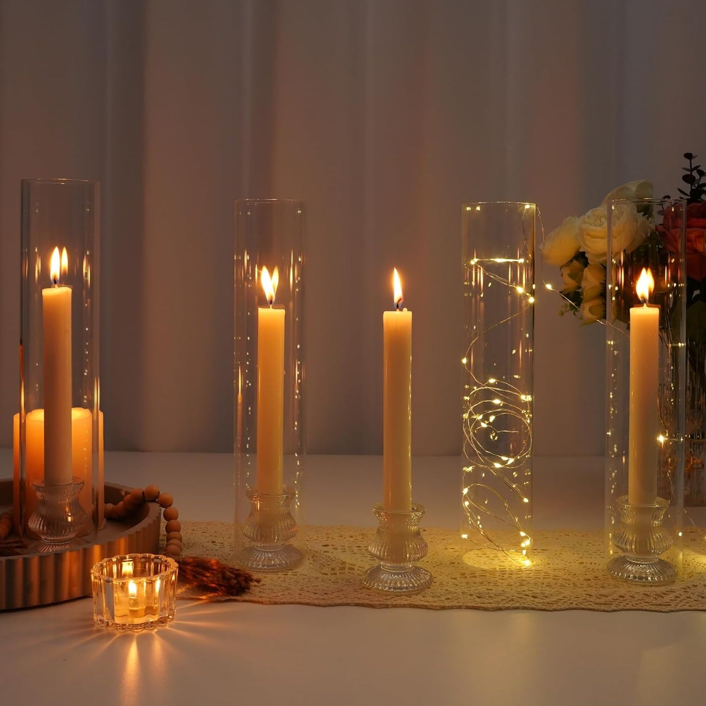 Hurricane Glass Candle Holders, Set of 10 Candlestick Holders for Taper Candle with 11.8" Tall Windproof Cylinder Covers Candle Stand Bulk for Table Centerpieces on Wedding Birthday Housewarming Decor