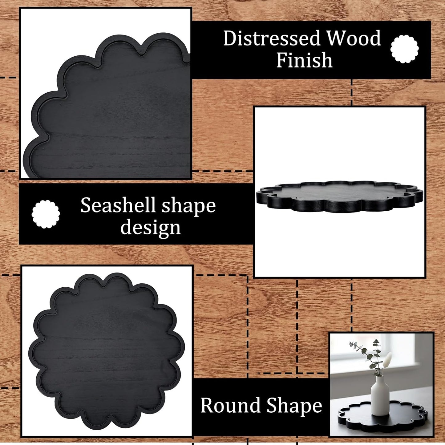 BreezeHug Brown Decorative Serving Tray Wood 12.6 Inch Scalloped Serving Tray Round Wooden Display Plate with Scalloped Borders for Coffee Table Living Room Bedroom Entryway Decoration