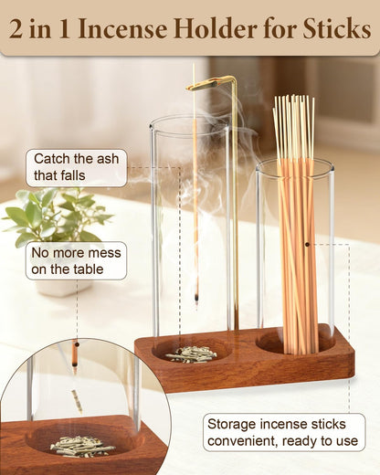 2 in 1 Incense Holder with 7.8" & 5.9" Glass Jars, Large Incense Holder for Sticks, Upside Down Incense Burner with Ash Catcher & Storage for Meditation Yoga Spa Home Decor - 20 Incense Sticks & Brush