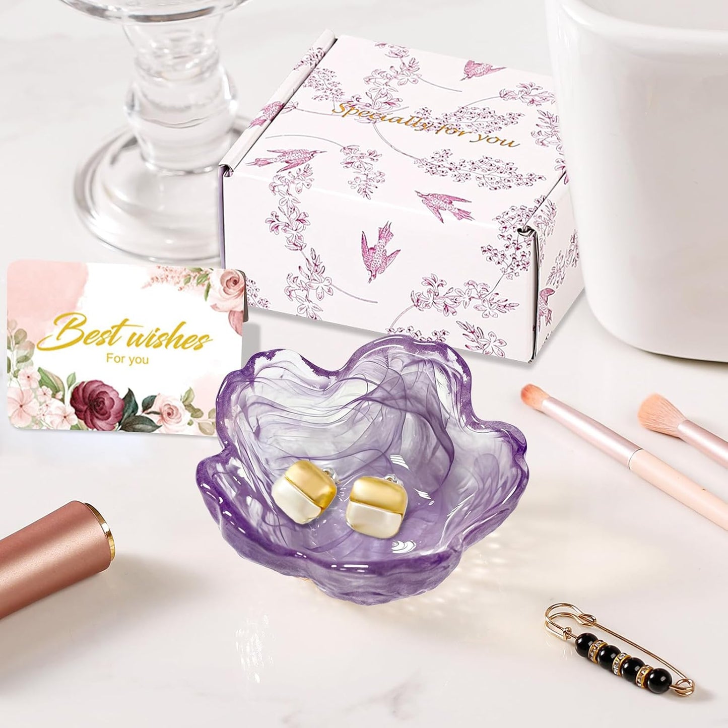 Purple Flower Jewelry Dish Glass Ring Holder Dish Jewelry Tray Cute Vanity Organizer Aesthetic Nightstand Bathroom Room Decor Trinket Dish Mothers Day Friendship Christmas Birthday Gifts for Women