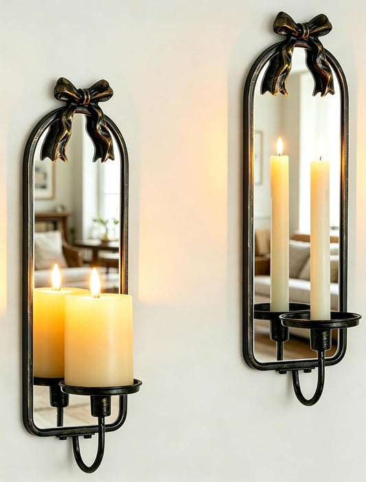 Gold Candle Sconces Wall Decor: Modern Decorative Wall Candle Holder Set of Two for Bedroom - Vintage French Metal Bow Mirror Sconces Beside Fireplace TV