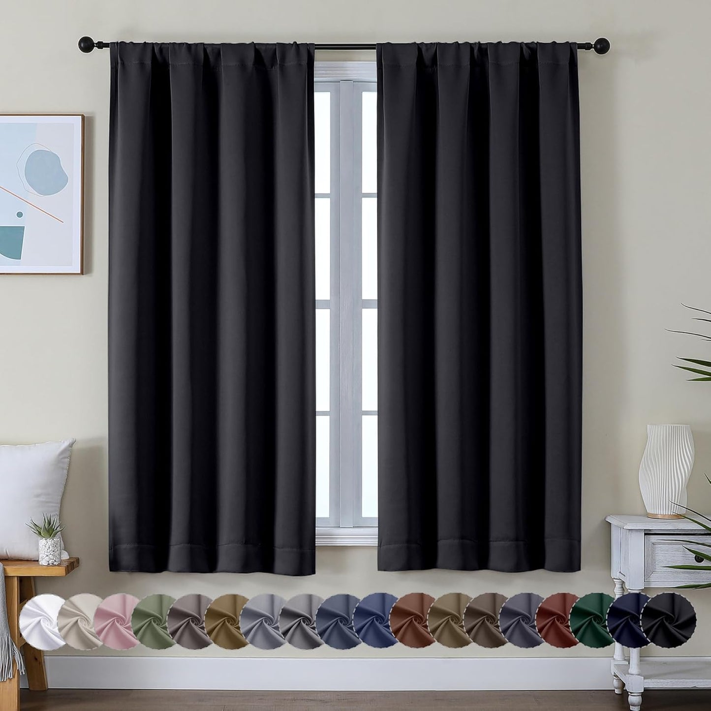 Simplebrand Ava Sage Green Blackout Curtains for Bedroom 63 Inch Length 2 Panels Set, Solid Thermal Insulated Energy Saving Rod Pocket Window Treatment Curtains Blackout Drapes, W40 x L63 Inch, Sage - Colors C